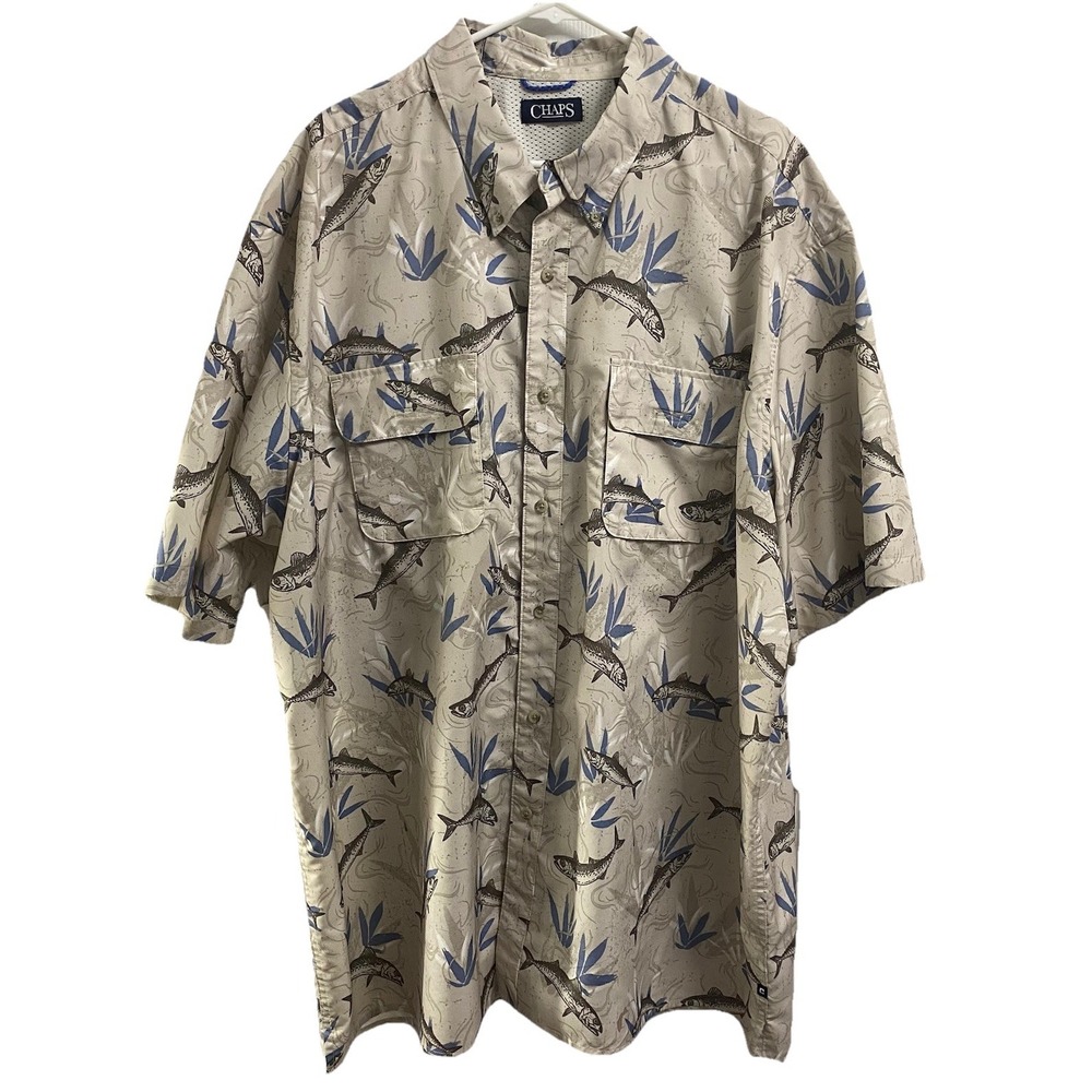 Chaps Shirt Mens XL Beige&Blue Fishing Button-up Hawaiian Shirt Short Sleeve 3XL